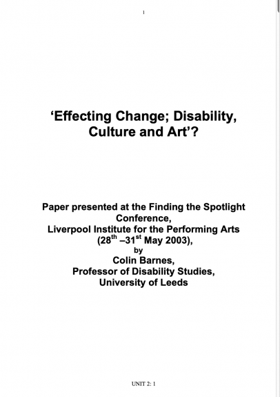 Effecting Change; Disability, Culture and Art - Barnes, Colin (2003)